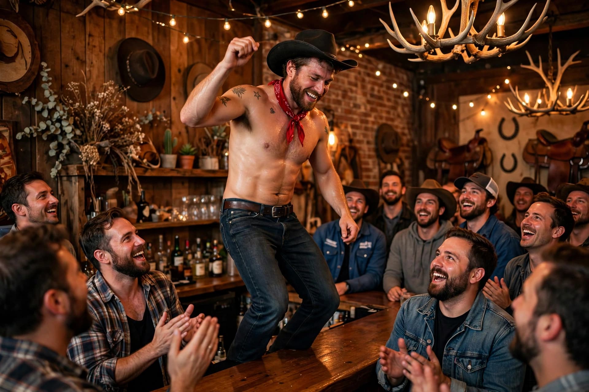 Bartender dancing on the bar counter at a cowboy-themed gay bar while the crowd cheers