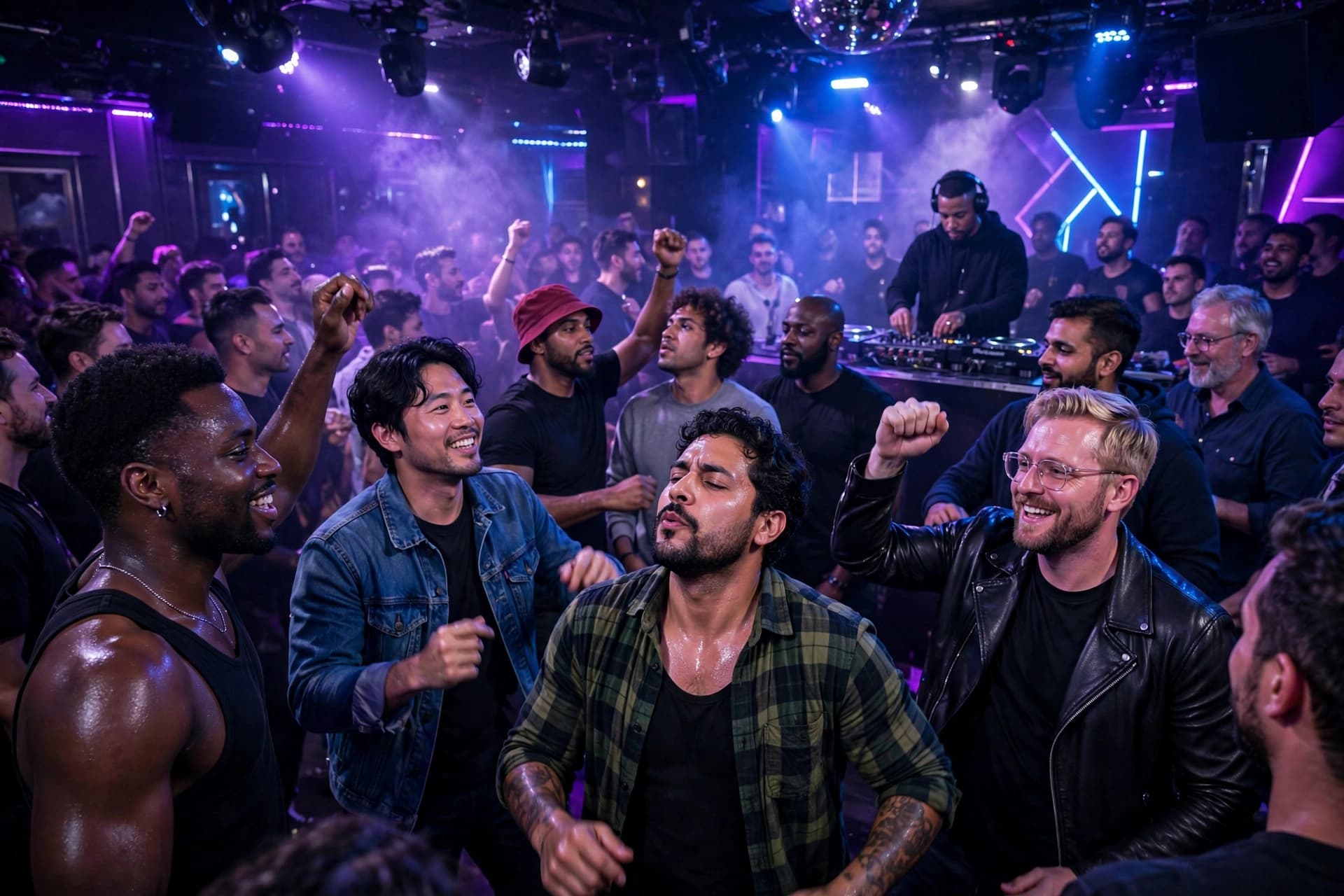 Packed dance floor at a New York gay nightclub under purple and blue lights
