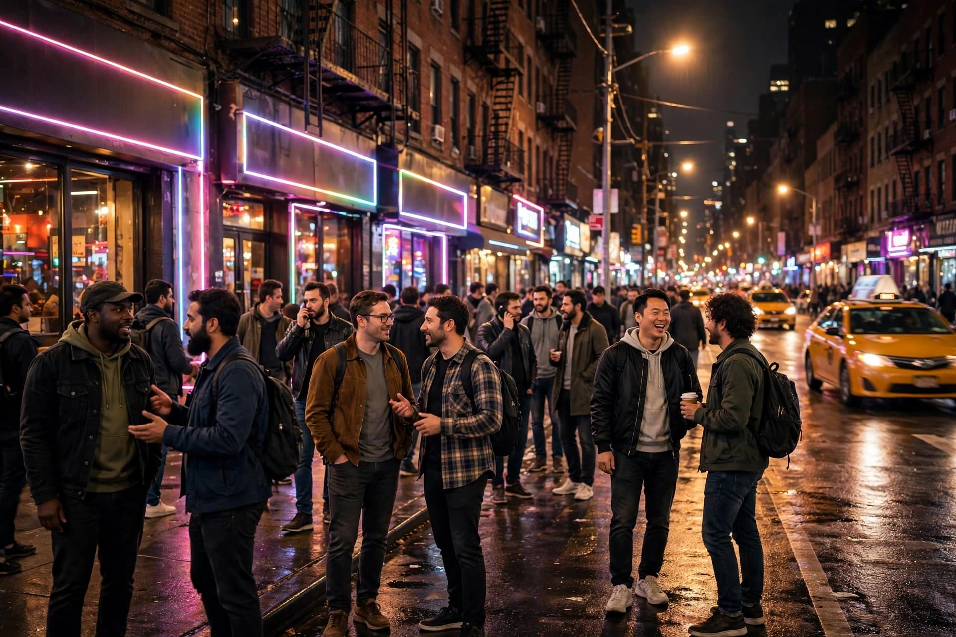 Neon-lit 9th Avenue in Hell's Kitchen at night, with crowds of men outside gay bars