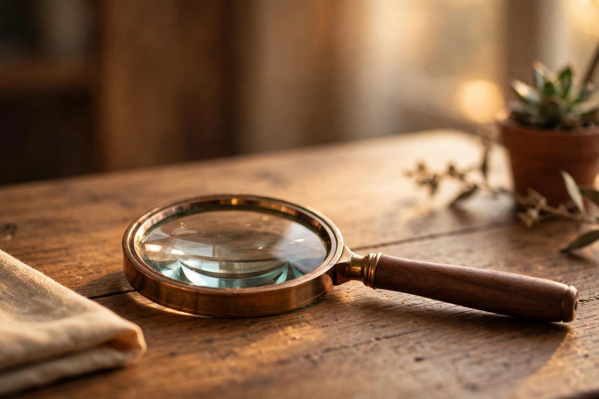 Magnifying glass resting on a wooden desk in warm light