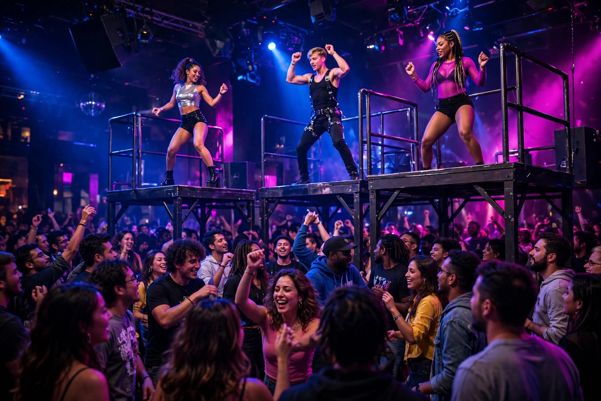 Dancers on a crowded Los Angeles club floor with go-go dancers on raised platforms and dramatic lighting