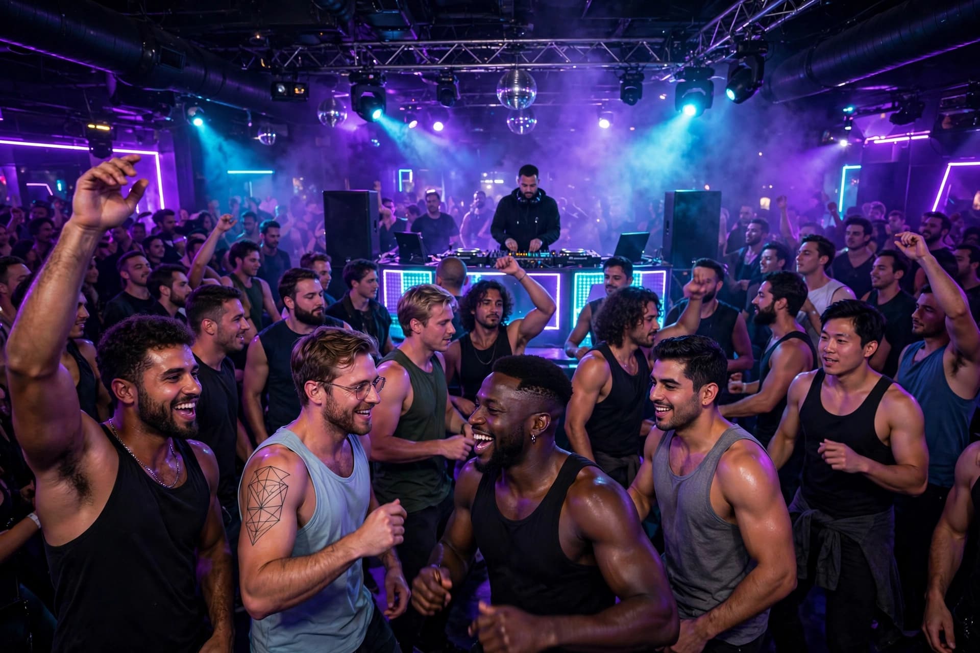 A packed West Hollywood dance floor under dramatic club lighting with a DJ booth and a dancing crowd