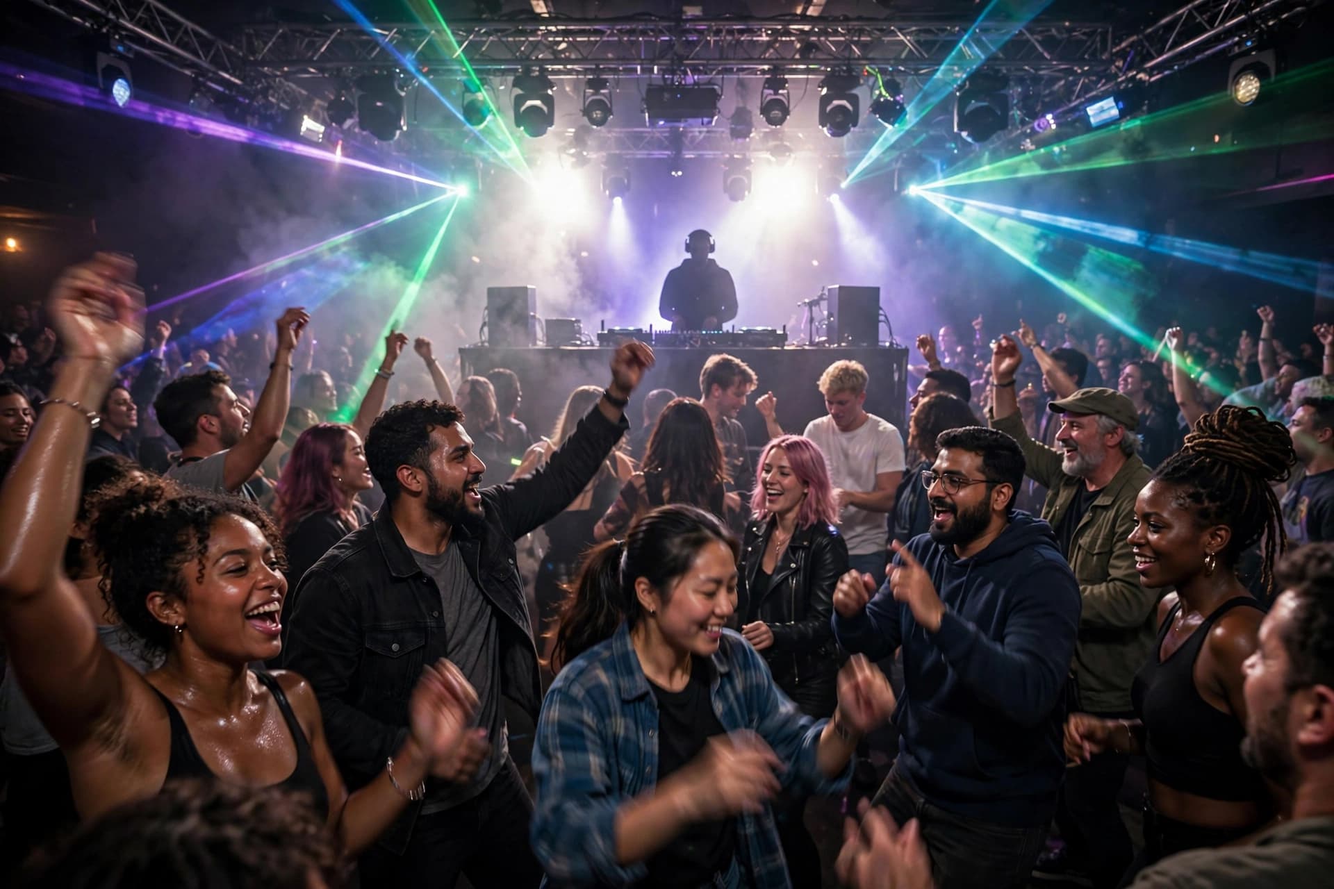 Packed club dance floor with dramatic laser light show, DJ in the booth, thousands dancing under strobes