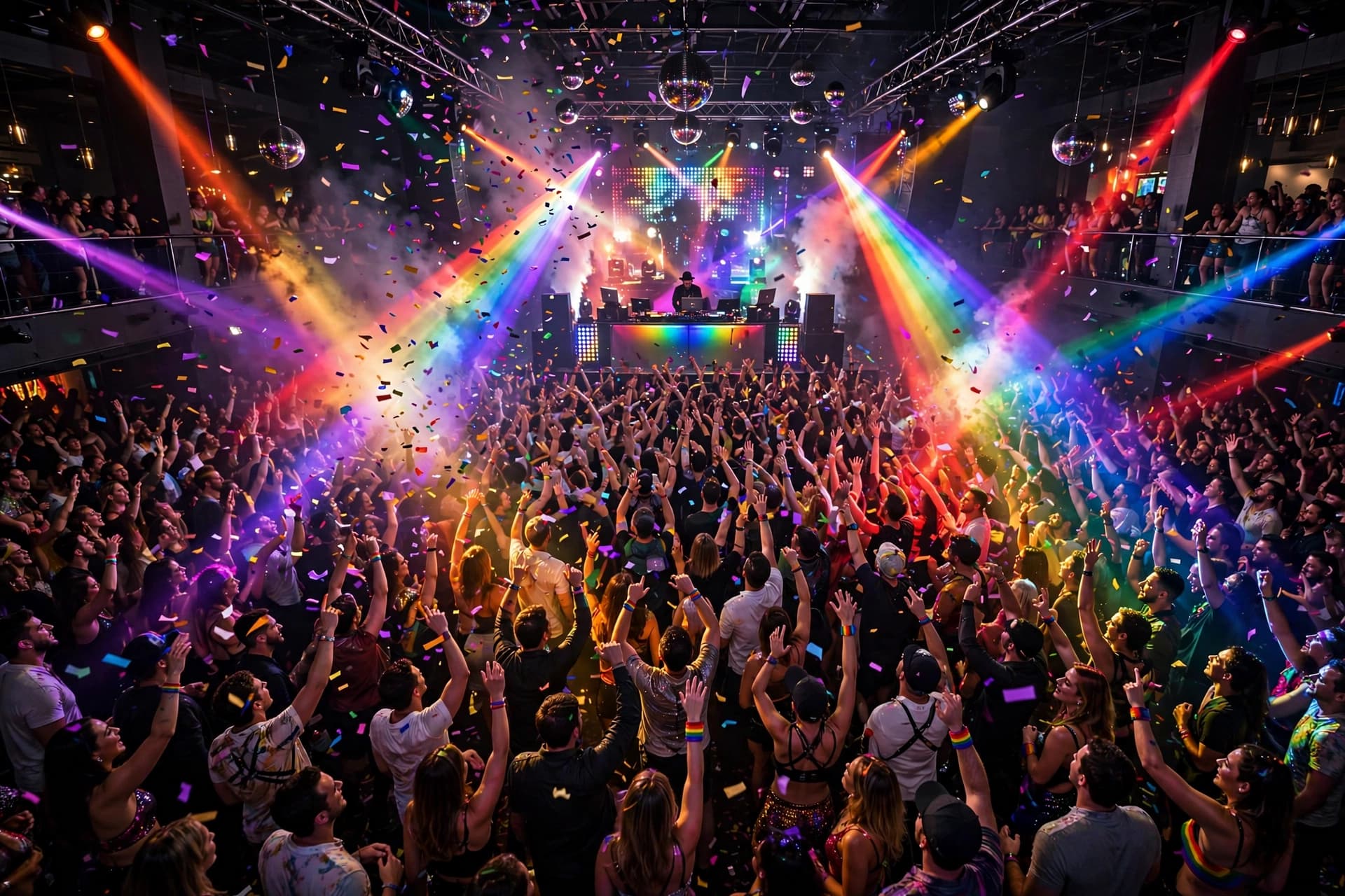 Massive gay club dance floor at night with dramatic laser light show and a packed crowd