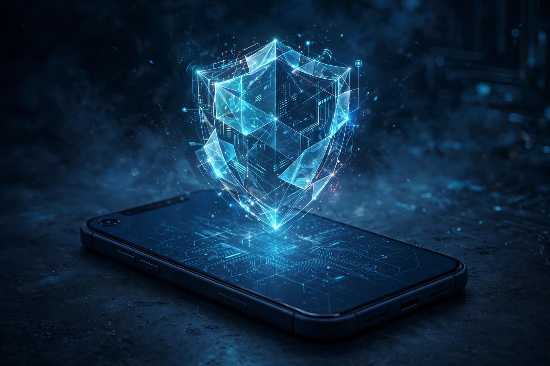 A smartphone with an abstract shield icon, symbolizing fraud protection on dating apps