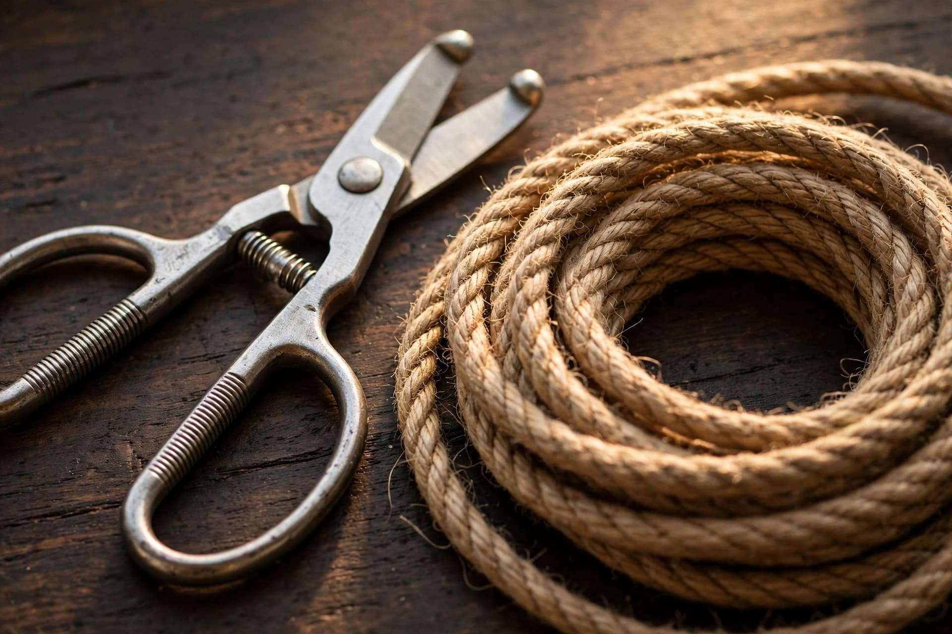 Blunt-tipped EMT safety shears lying beside a coil of natural-fiber rope on dark wood