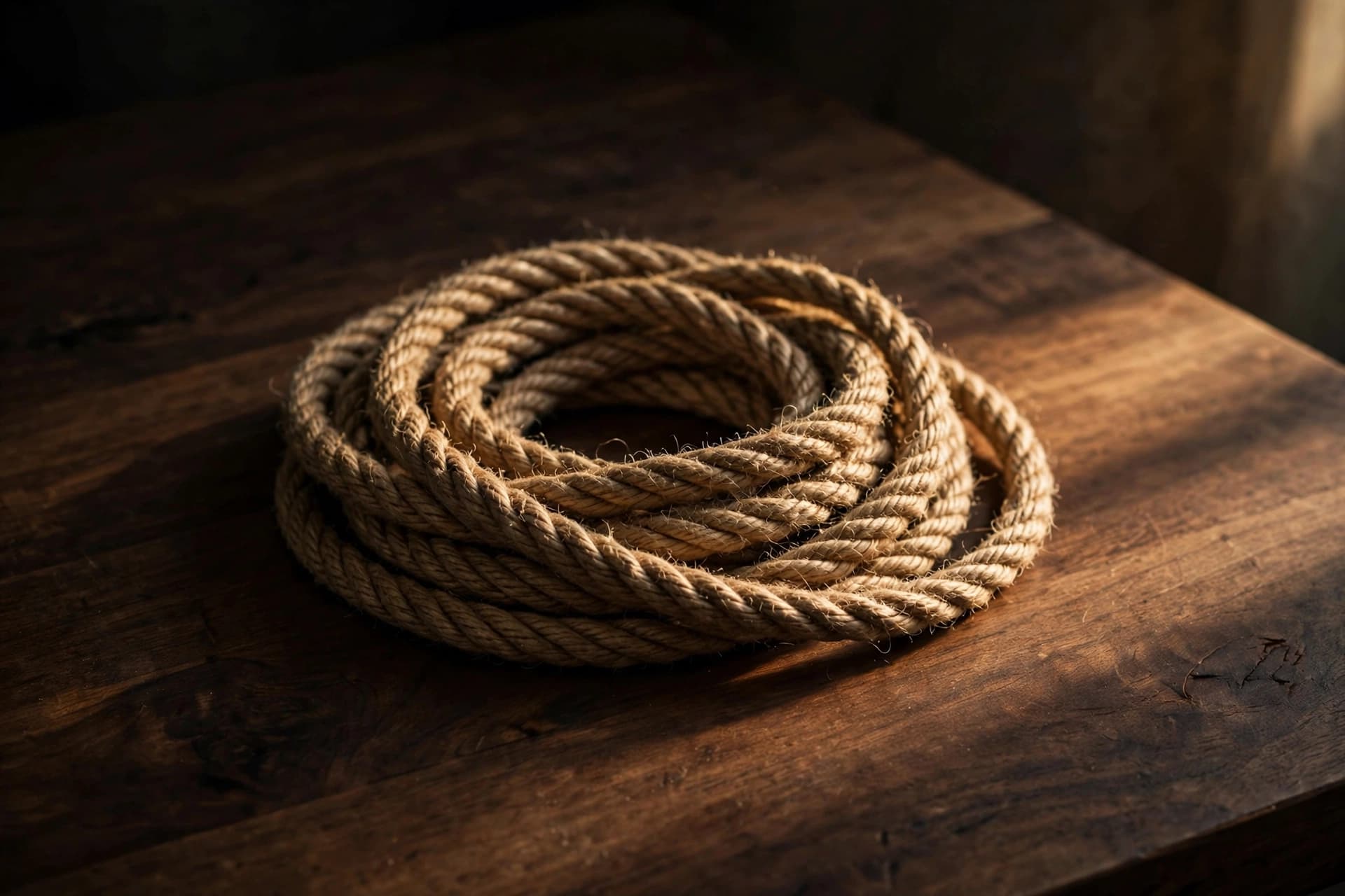 Coiled natural-fiber rope resting on dark wood in warm moody light