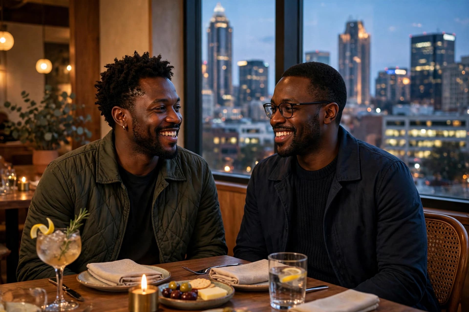 Two Black men on a date at a Midtown Atlanta restaurant with warm lighting and city views