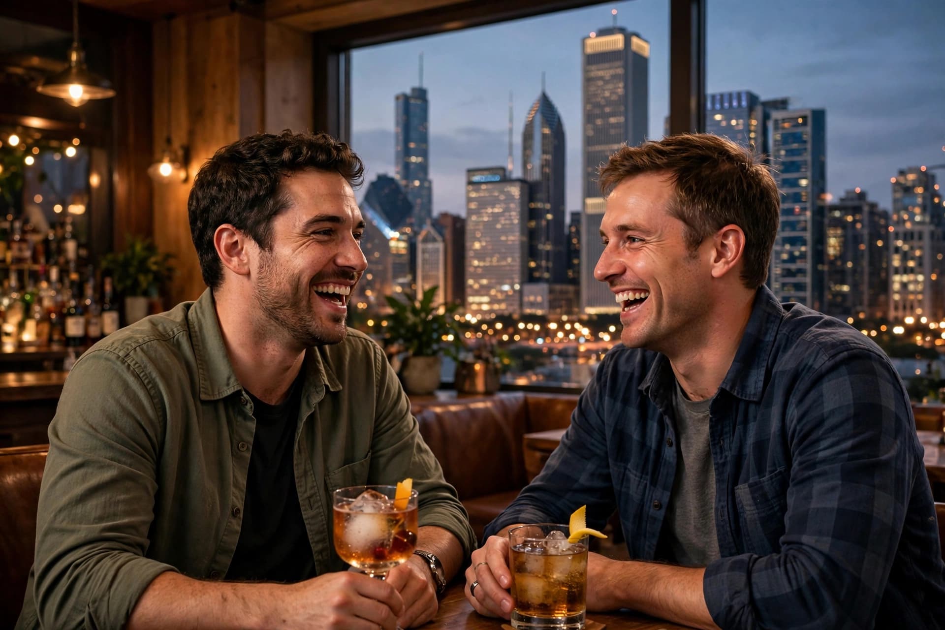 Two men laughing over drinks inside a Chicago bar with the city skyline visible through the window