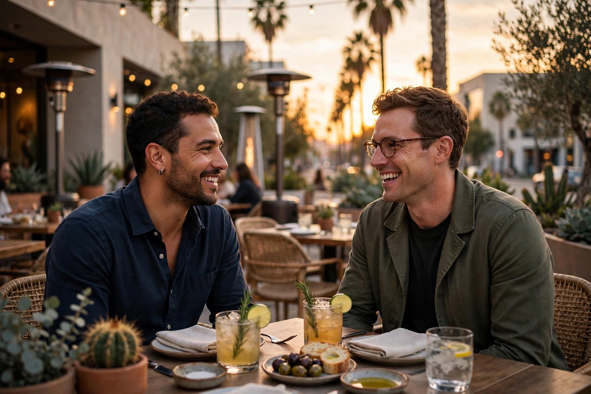 Two men on a date at a West Hollywood patio restaurant at sunset with palm trees in the background