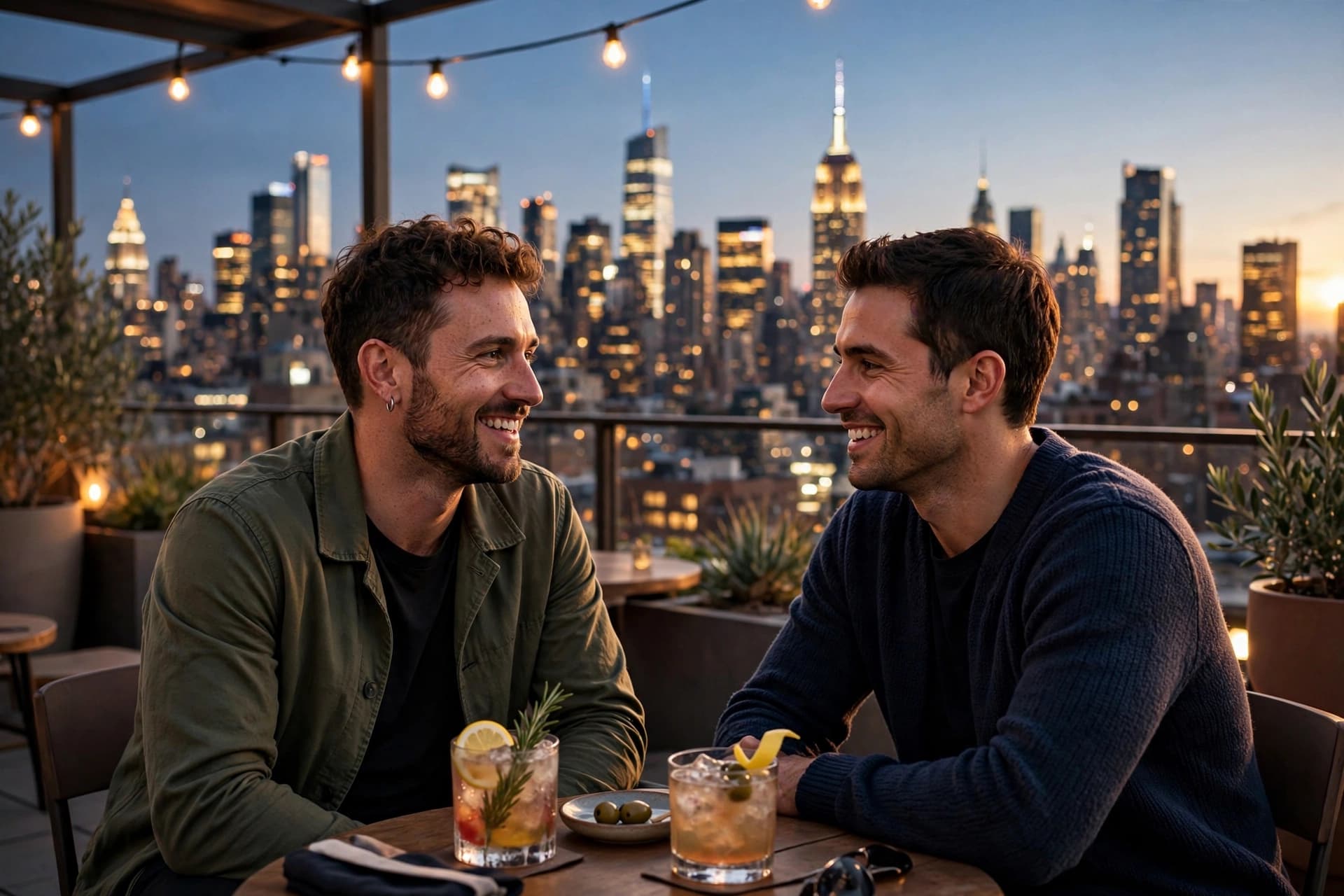 Two men chatting over drinks at a Manhattan rooftop bar at dusk with the city skyline glowing behind them