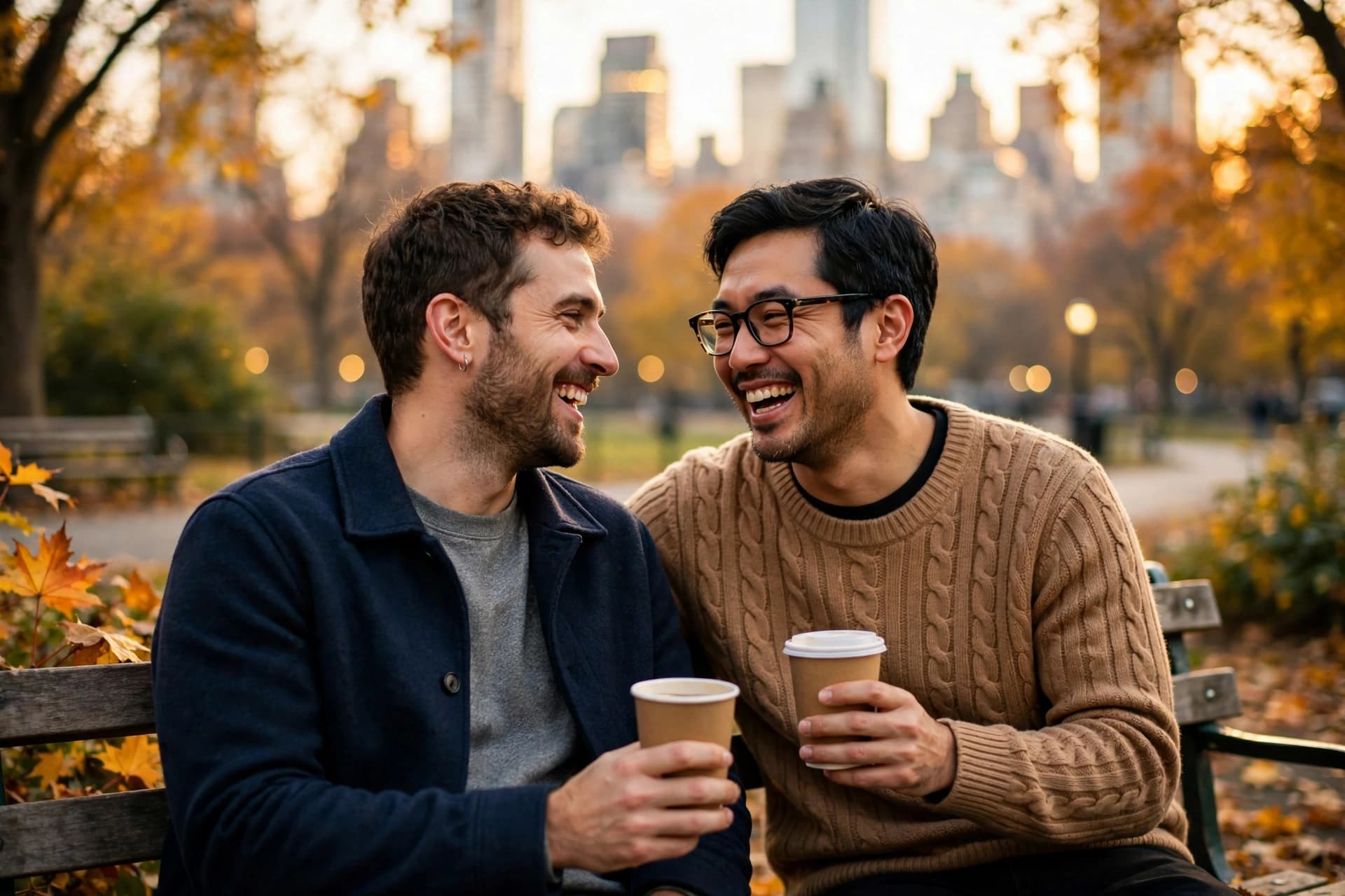Two men sharing coffee and laughing together on a park bench in New York City in autumn