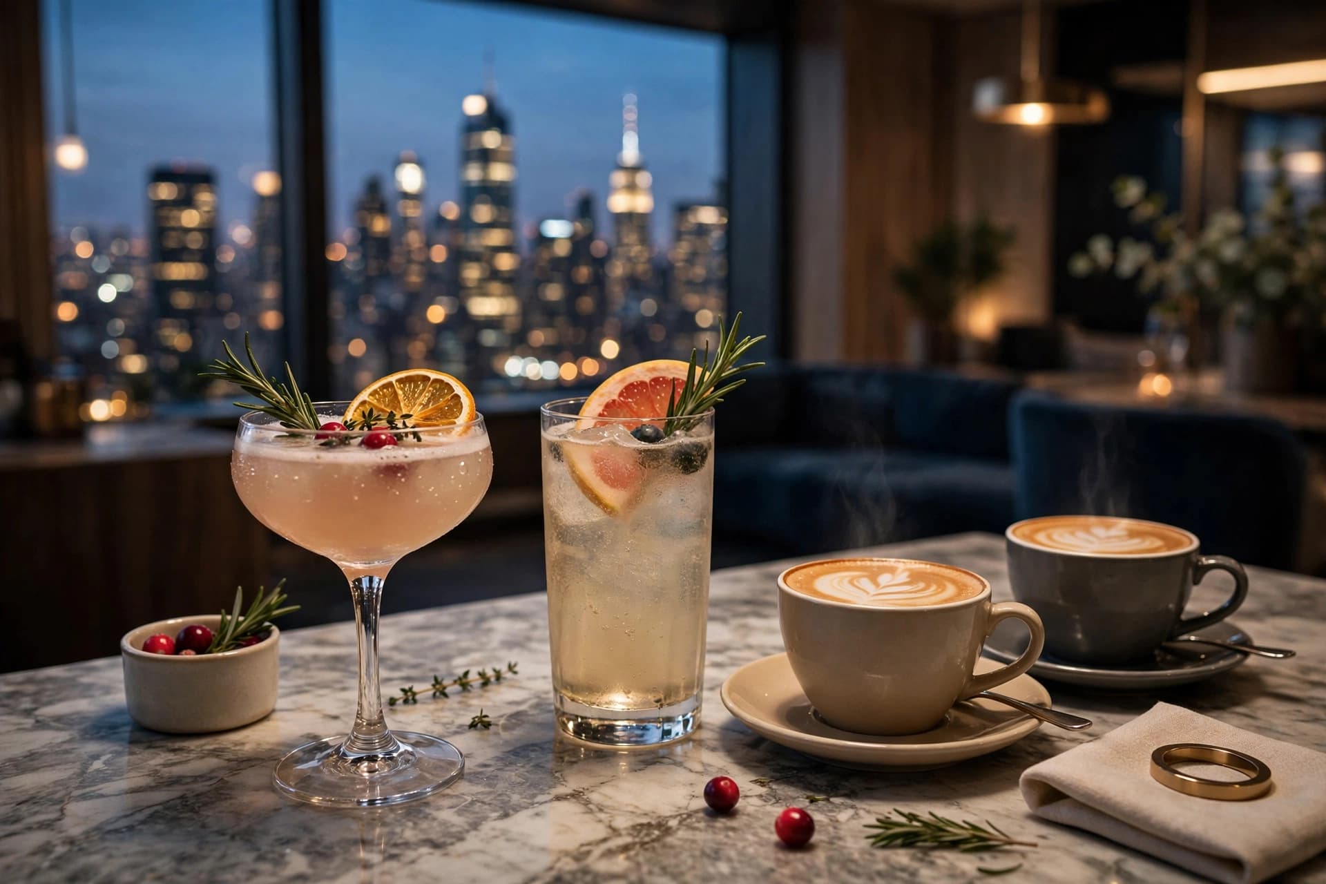 Alcohol-free cocktails and lattes on a marble bar with the Manhattan skyline glowing at dusk