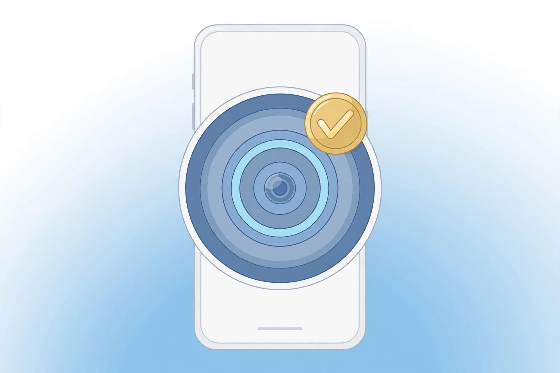 Smartphone with a camera lens on screen and a gold checkmark verification badge
